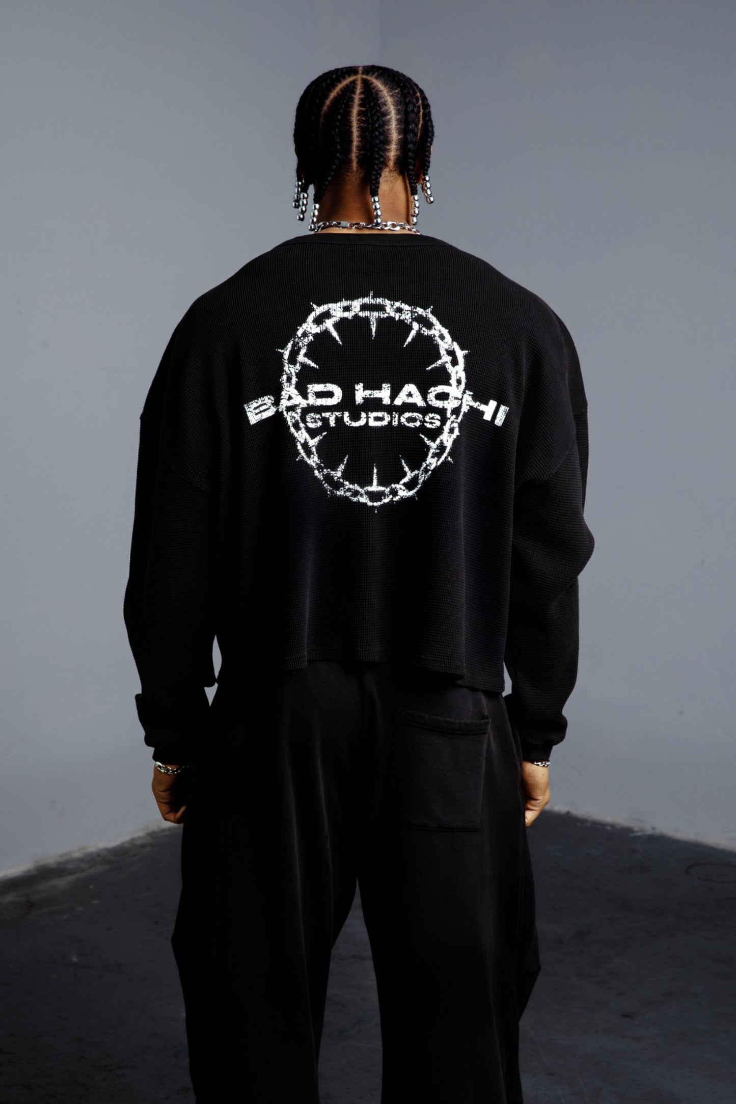 Cropped Dropped Shoulder Thermal (Black)